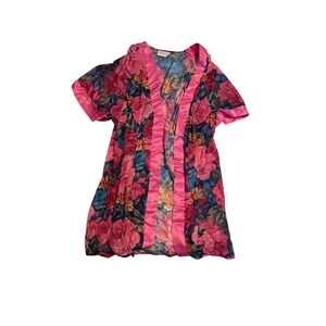 VTG Feather Bed Intimates Womens Floral Kimono Robe Short Sleeve Pink Satin Trim